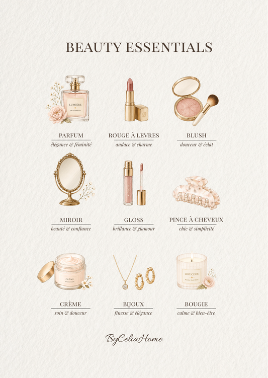 Visuel Beauty Essentials avec neuf illustrations autour de la beauté : parfum, maquillage, miroir, pince à cheveux, crème, bijoux et bougie.
