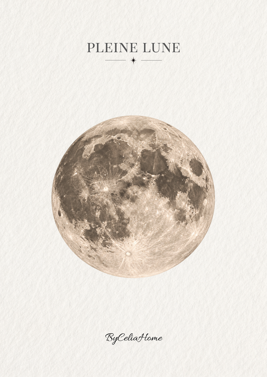 Visuel Pleine Lune représentant une lune lumineuse détaillée sur un fond blanc texturé.