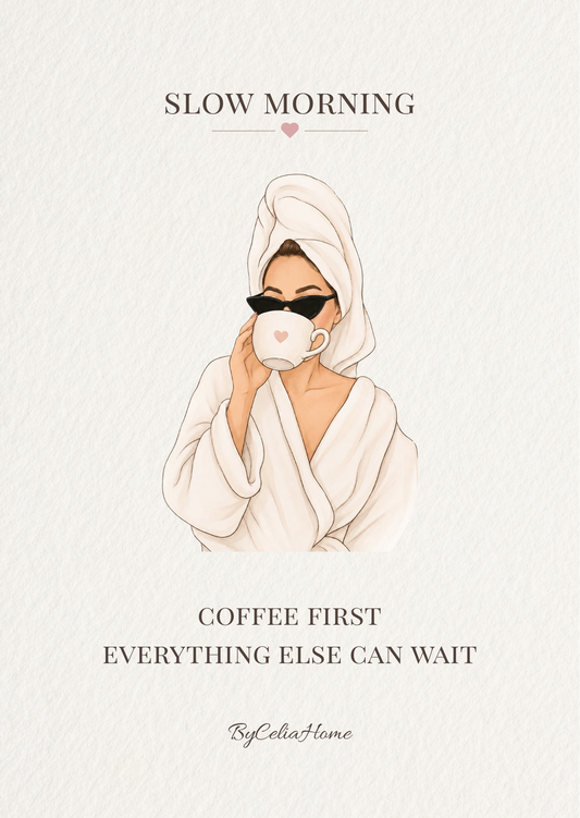 Visuel Slow Morning avec une femme en peignoir buvant dans une tasse, accompagné de la citation « Coffee first, everything else can wait ».