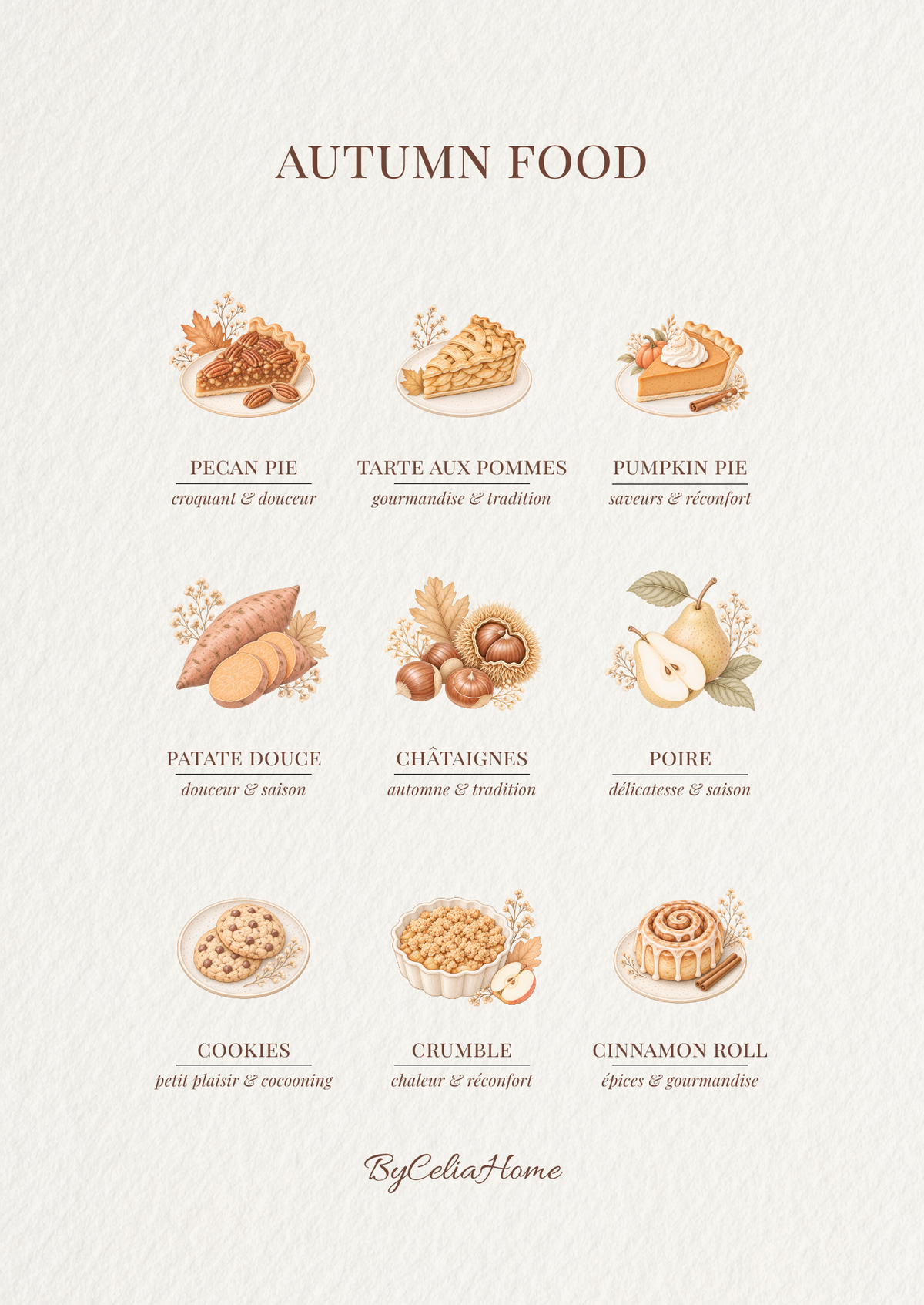 Visuel Autumn Food présentant neuf saveurs de l’automne illustrées dans des tons chaleureux : tartes, patate douce, châtaignes, poire, cookies, crumble et cinnamon roll.