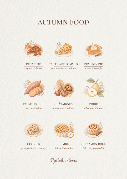 Visuel Autumn Food présentant neuf saveurs de l’automne illustrées dans des tons chaleureux : tartes, patate douce, châtaignes, poire, cookies, crumble et cinnamon roll.