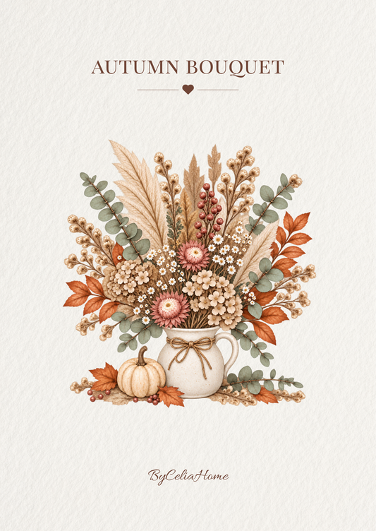 Visuel Autumn Bouquet représentant un bouquet de fleurs séchées et de feuillages automnaux dans un pichet en céramique, accompagné d’une petite citrouille, sur un fond blanc texturé.