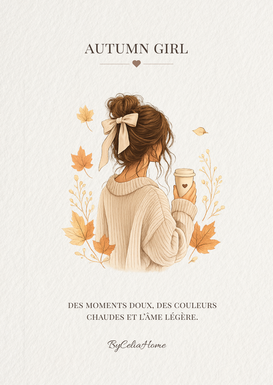Visuel Autumn Girl représentant une jeune femme en pull beige tenant une tasse, entourée de feuilles d’automne, avec la citation « Des moments doux, des couleurs chaudes et l’âme légère ».