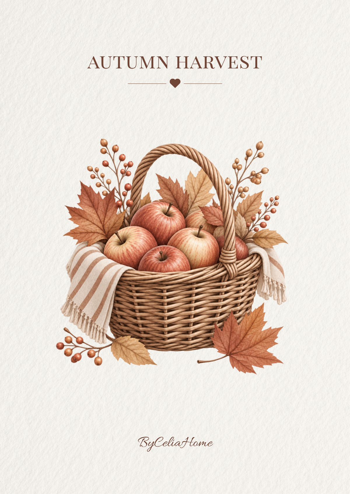 Visuel Autumn Harvest représentant un panier tressé rempli de pommes, entouré de feuilles et de baies aux couleurs automnales.
