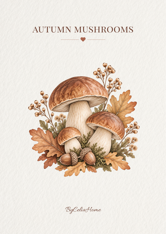 Visuel Autumn Mushrooms représentant trois champignons entourés de feuilles de chêne, de glands et de branches aux couleurs automnales, sur un fond blanc texturé.