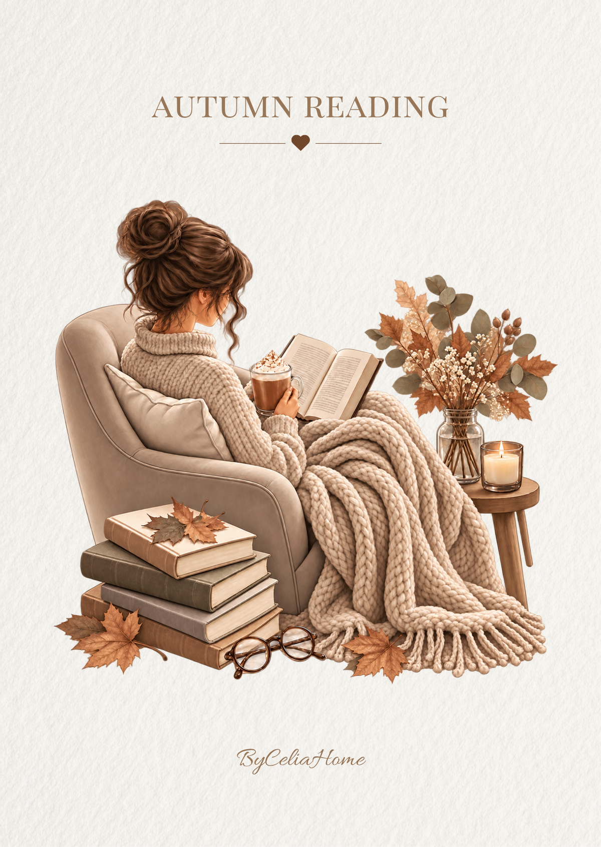 Visuel Autumn Reading représentant une femme installée dans un fauteuil, enveloppée dans un plaid et lisant un livre avec une boisson chaude, entourée de feuilles automnales.