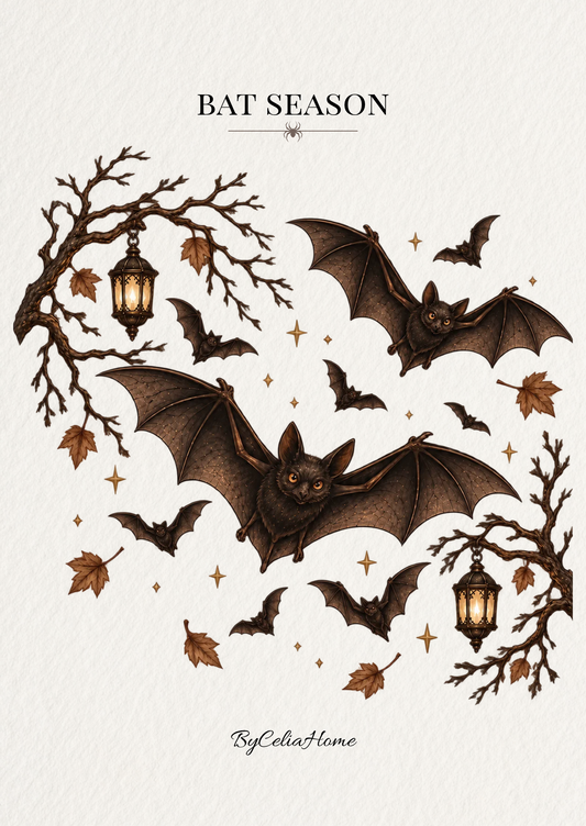 Visuel Bat Season représentant plusieurs chauves-souris en vol parmi des branches, des lanternes lumineuses, des feuilles d’automne et des étoiles, sur un fond blanc texturé.