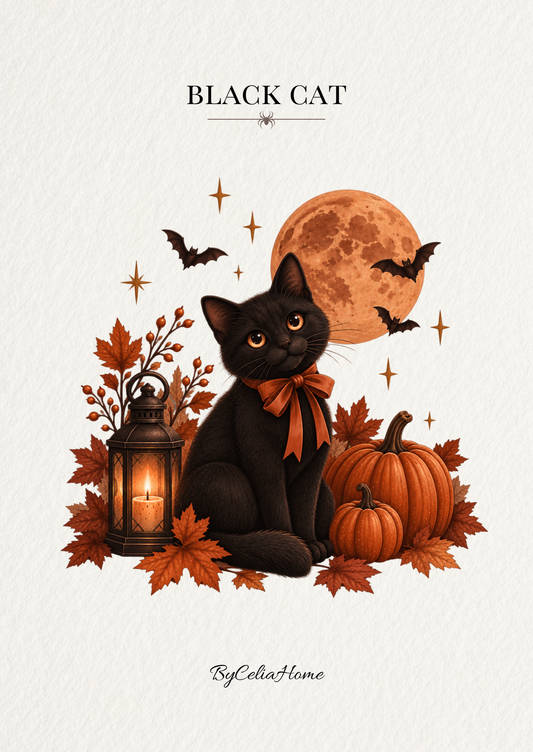 Visuel Black Cat représentant un chat noir au nœud orangé, entouré de citrouilles, d’une lanterne, de chauves-souris et d’une lune rousse sur un fond blanc texturé.