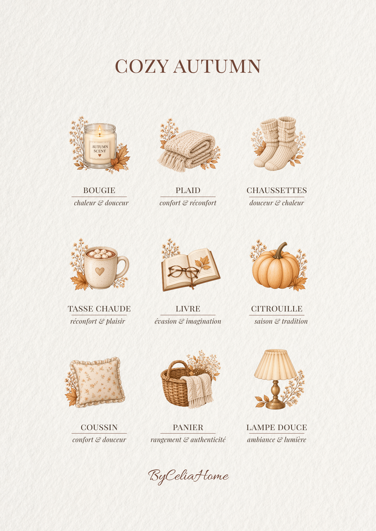 Visuel Cozy Autumn présentant neuf essentiels de l’automne, dont une bougie, un plaid, une tasse chaude, un livre et une citrouille, dans des tons beiges et orangés.