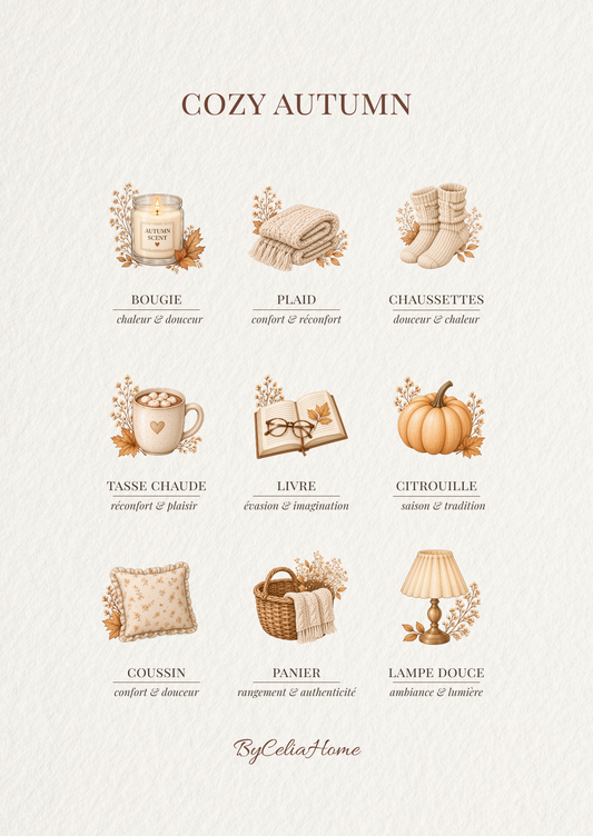 Visuel Cozy Autumn présentant neuf essentiels de l’automne, dont une bougie, un plaid, une tasse chaude, un livre et une citrouille, dans des tons beiges et orangés.