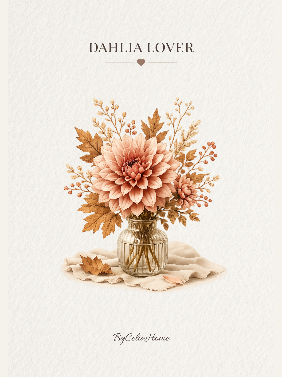Visuel Dahlia Lover représentant un bouquet de dahlias aux teintes rosées, accompagné de feuillages automnaux dans un vase en verre, sur un fond blanc texturé.
