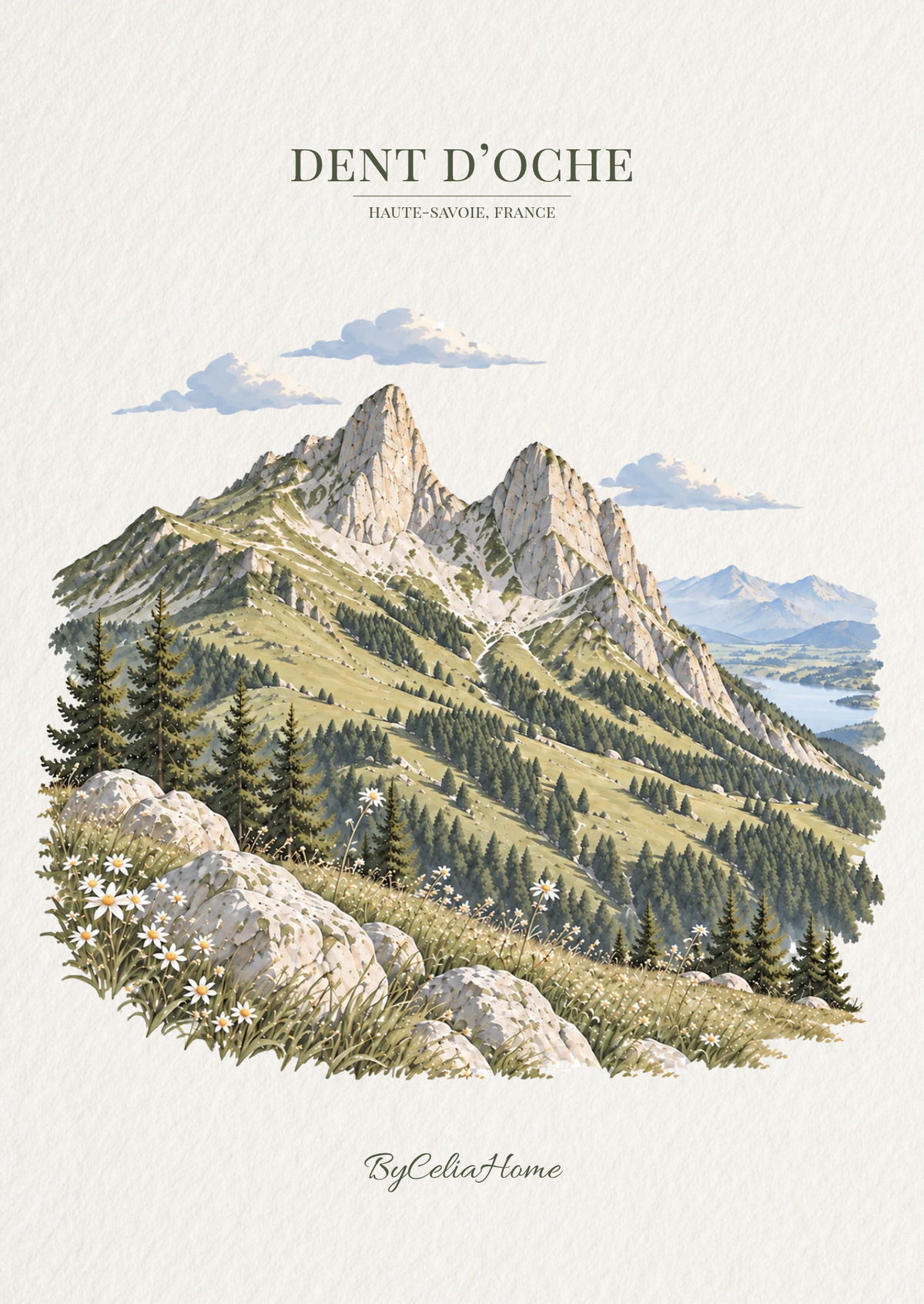 Visuel Dent d’Oche représentant un paysage alpin de Haute-Savoie avec des sommets rocheux, des sapins, des fleurs sauvages et un lac au loin.