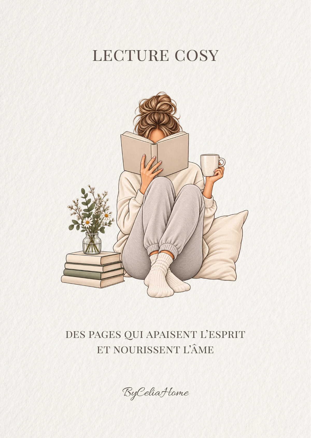Visuel Lecture Cosy avec une femme lisant un livre, une tasse à la main, accompagné de la citation « Des pages qui apaisent l’esprit et nourrissent l’âme ».
