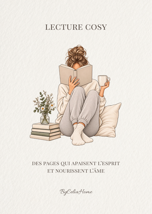 Visuel Lecture Cosy avec une femme lisant un livre, une tasse à la main, accompagné de la citation « Des pages qui apaisent l’esprit et nourrissent l’âme ».