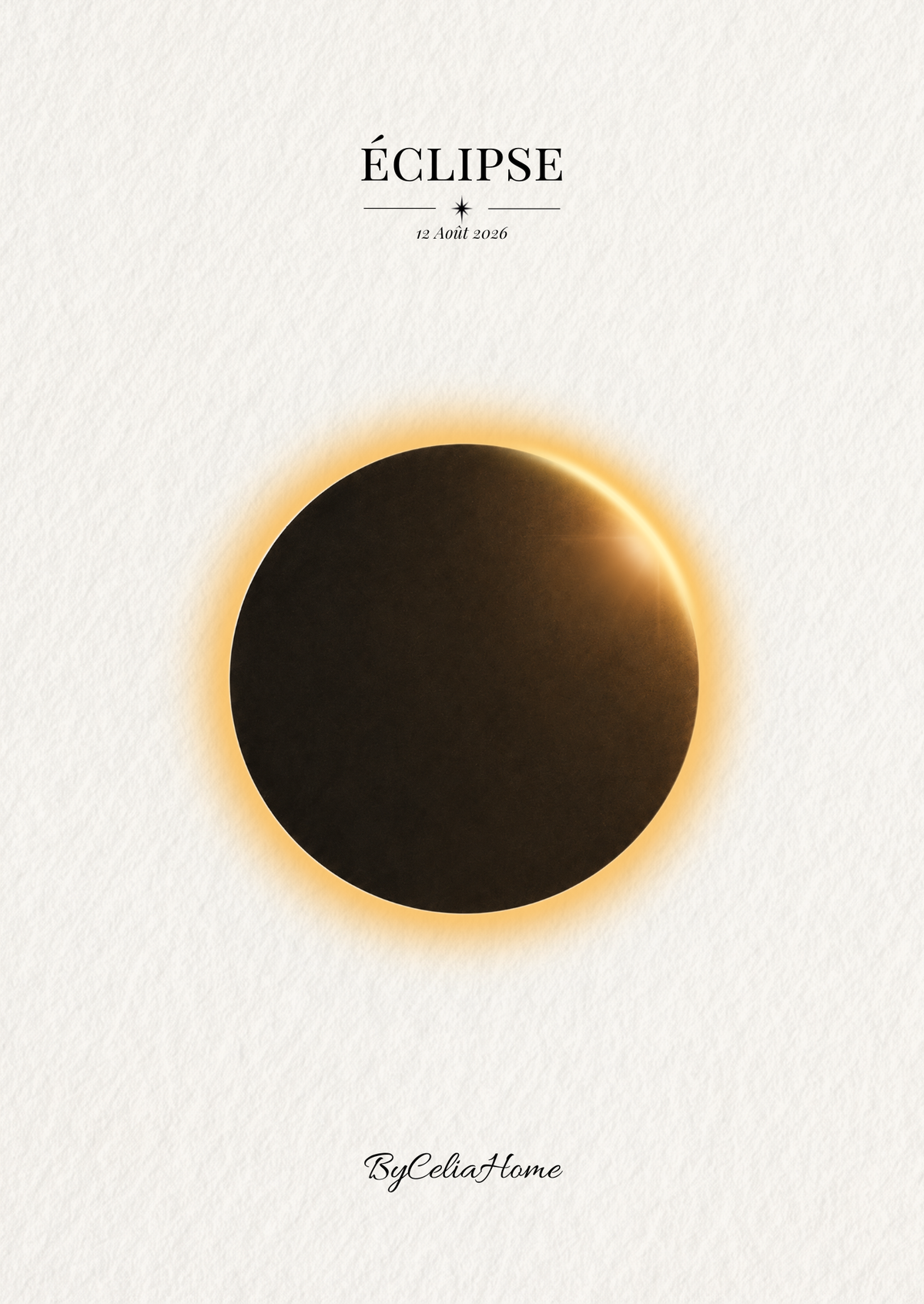 Visuel Éclipse représentant une éclipse solaire entourée d’un halo doré sur un fond blanc texturé.