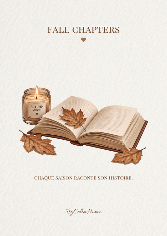 Visuel Fall Chapters représentant un livre ouvert, une bougie allumée et des feuilles d’automne, accompagné de la phrase « Chaque saison raconte son histoire ».