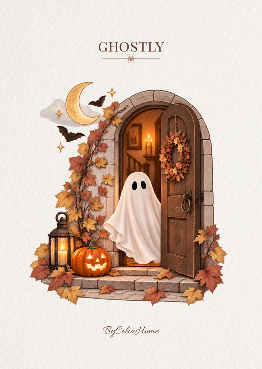 Visuel Ghostly représentant un petit fantôme devant une porte ancienne, entouré d’une citrouille lumineuse, d’une lanterne, de feuilles d’automne, d’une lune et de chauves-souris sur un fond blanc texturé.