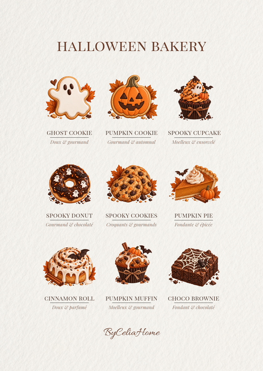 Visuel Halloween Bakery présentant neuf pâtisseries d’Halloween illustrées : biscuits fantôme et citrouille, cupcakes, donut, cookies, tarte à la citrouille, roulé à la cannelle, muffin et brownie, sur un fond blanc texturé.