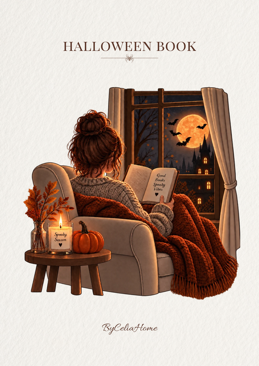 Visuel Halloween Book représentant une lectrice installée dans un fauteuil sous un plaid orangé, avec un livre, une bougie, une citrouille et, derrière la fenêtre, une grande lune, des chauves-souris et un château.