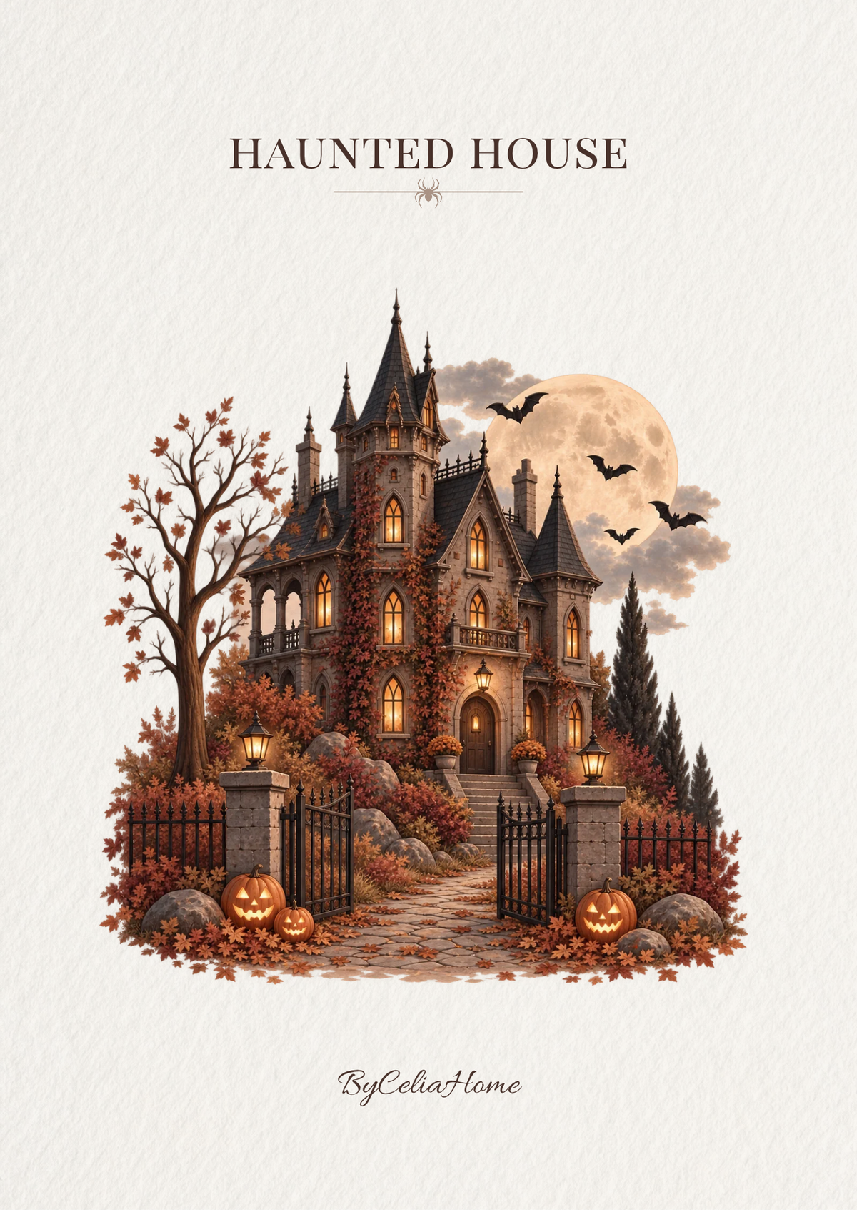 Visuel Haunted House représentant une demeure gothique illuminée sous une pleine lune, entourée de chauves-souris, de citrouilles et de feuillages automnaux.