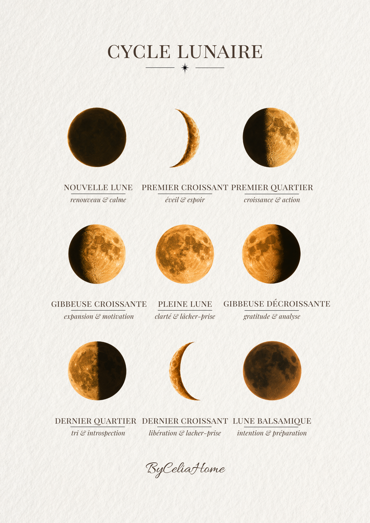Visuel Cycle lunaire présentant neuf phases de la Lune dans des tons dorés sur un fond blanc texturé.