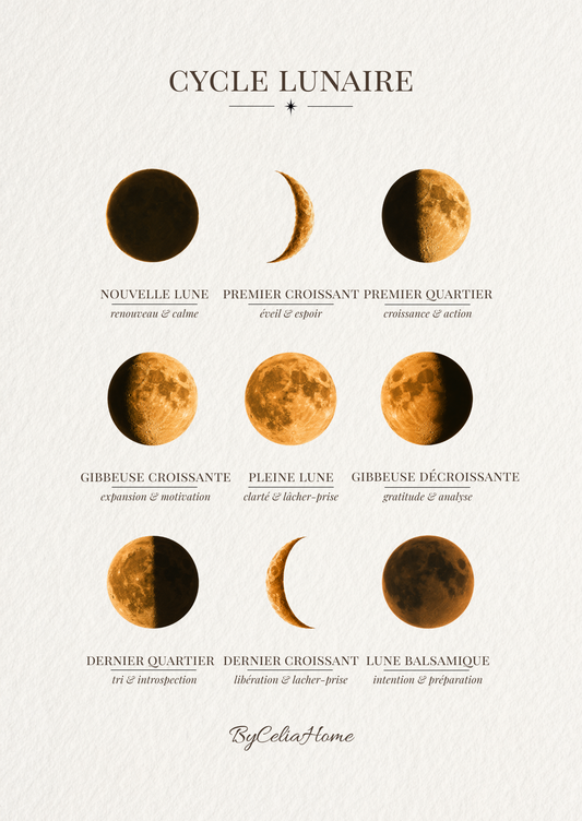 Visuel Cycle lunaire présentant neuf phases de la Lune dans des tons dorés sur un fond blanc texturé.