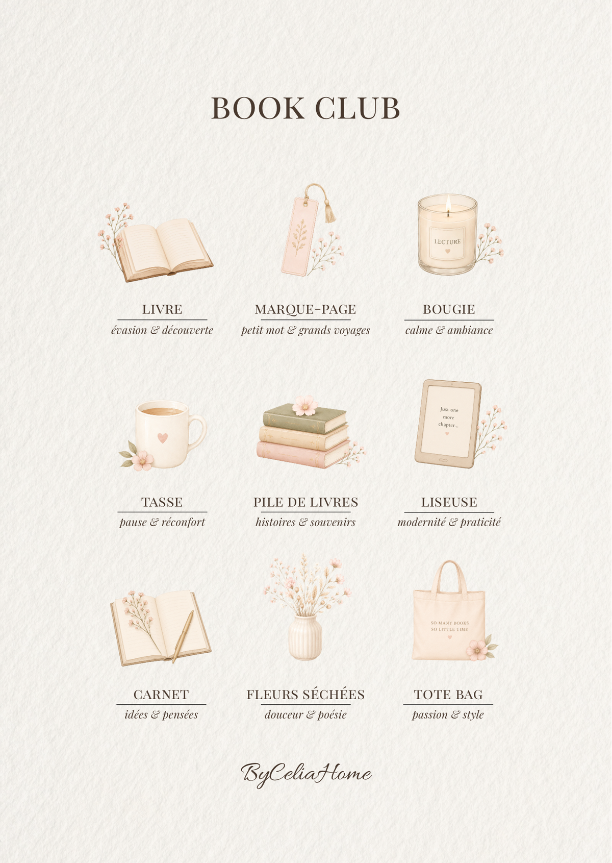 Visuel Book Club avec neuf illustrations autour de la lecture : livres, marque-page, bougie, tasse, liseuse et accessoires.