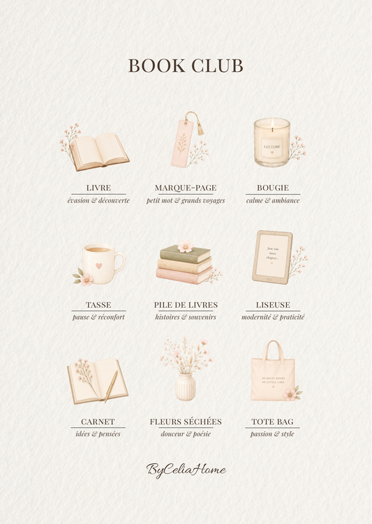 Visuel Book Club avec neuf illustrations autour de la lecture : livres, marque-page, bougie, tasse, liseuse et accessoires.