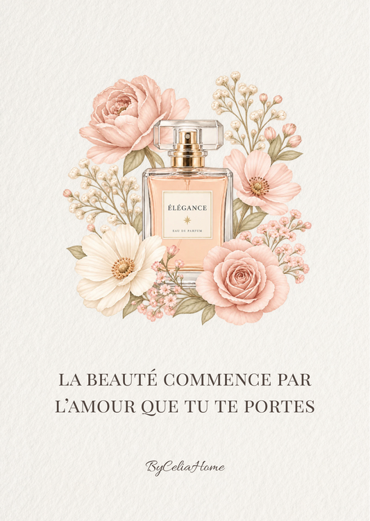 Visuel Self Love avec un flacon de parfum entouré de fleurs roses et la citation « La beauté commence par l’amour que tu te portes ».