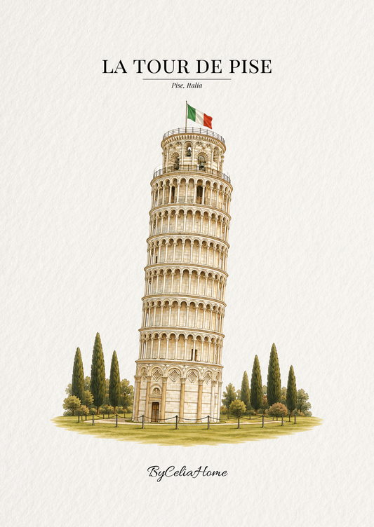 Visuel La Tour de Pise représentant la tour penchée surmontée du drapeau italien et entourée de cyprès, sur un fond blanc texturé.