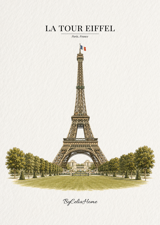 Visuel La Tour Eiffel représentant le monument surmonté du drapeau français et entouré de jardins arborés, sur un fond blanc texturé.