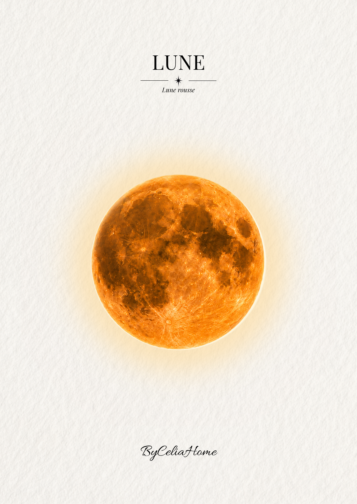 Visuel Lune Rousse représentant une lune orangée lumineuse sur un fond blanc texturé.