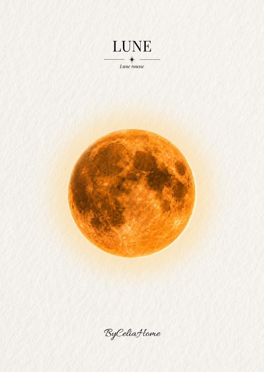 Visuel Lune Rousse représentant une lune orangée lumineuse sur un fond blanc texturé.