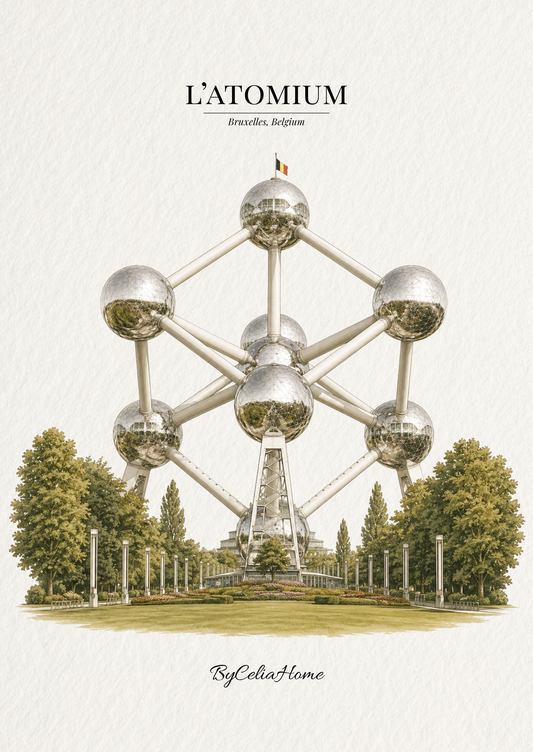 Visuel L’Atomium représentant le célèbre monument de Bruxelles entouré d’arbres, avec le drapeau belge.