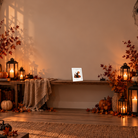 Black Cat [13 × 18] dans un cadre [blanc] posé sur une console dans un décor d’Halloween.