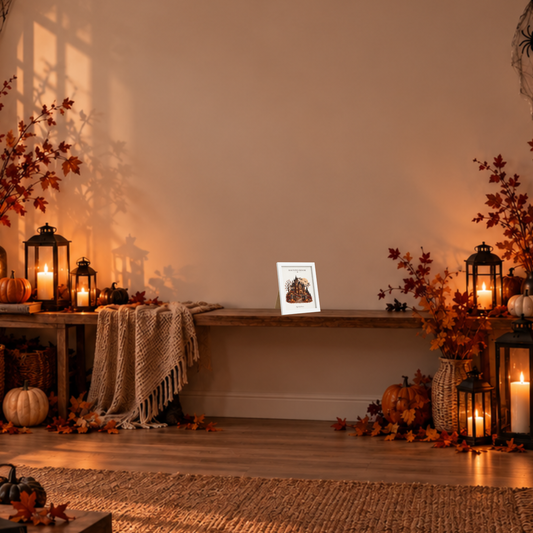 Haunted House [13 × 18] dans un cadre [blanc] posé sur une console en bois dans un décor d’Halloween.