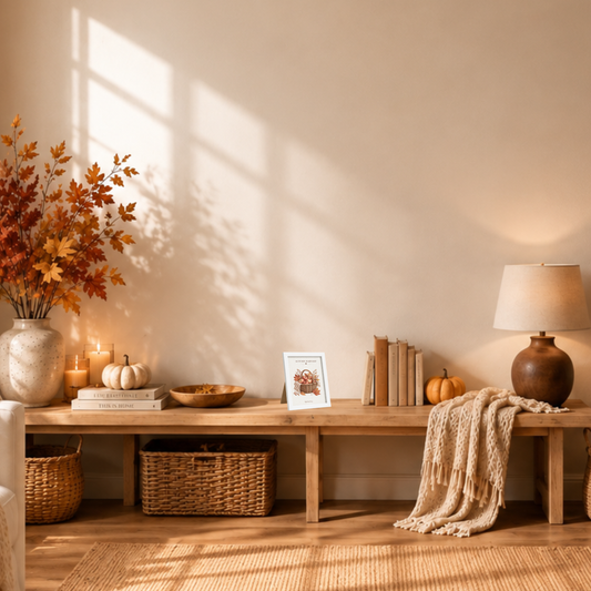 Autumn Harvest [13 × 18] dans un cadre [blanc] posé sur une console en bois dans un salon cosy à la décoration automnale.