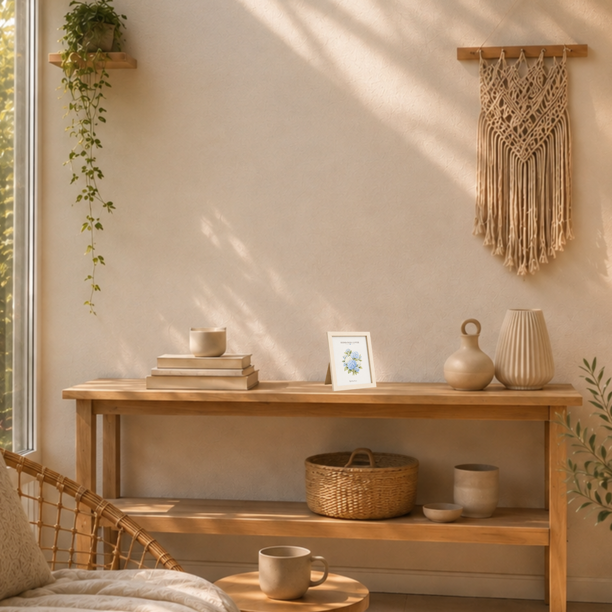 Hydrangea Lover [13 × 18] dans un cadre [effet bouleau] posé sur une console en bois  dans une véranda cosy.