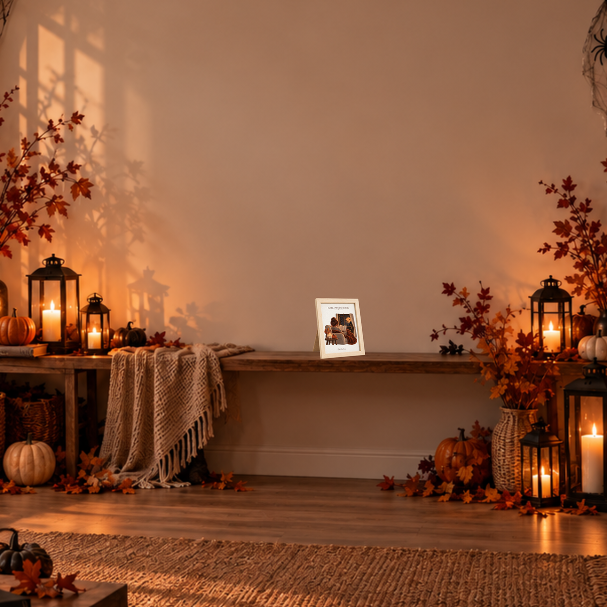 Halloween Book [13 × 18] dans un cadre [effet bouleau] posé sur une console dans un décor d’Halloween.