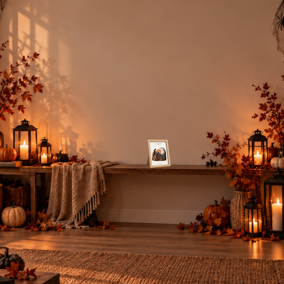 The Garden [13 × 18] dans un cadre [effet chêne] posé sur une console dans un décor d’Halloween.