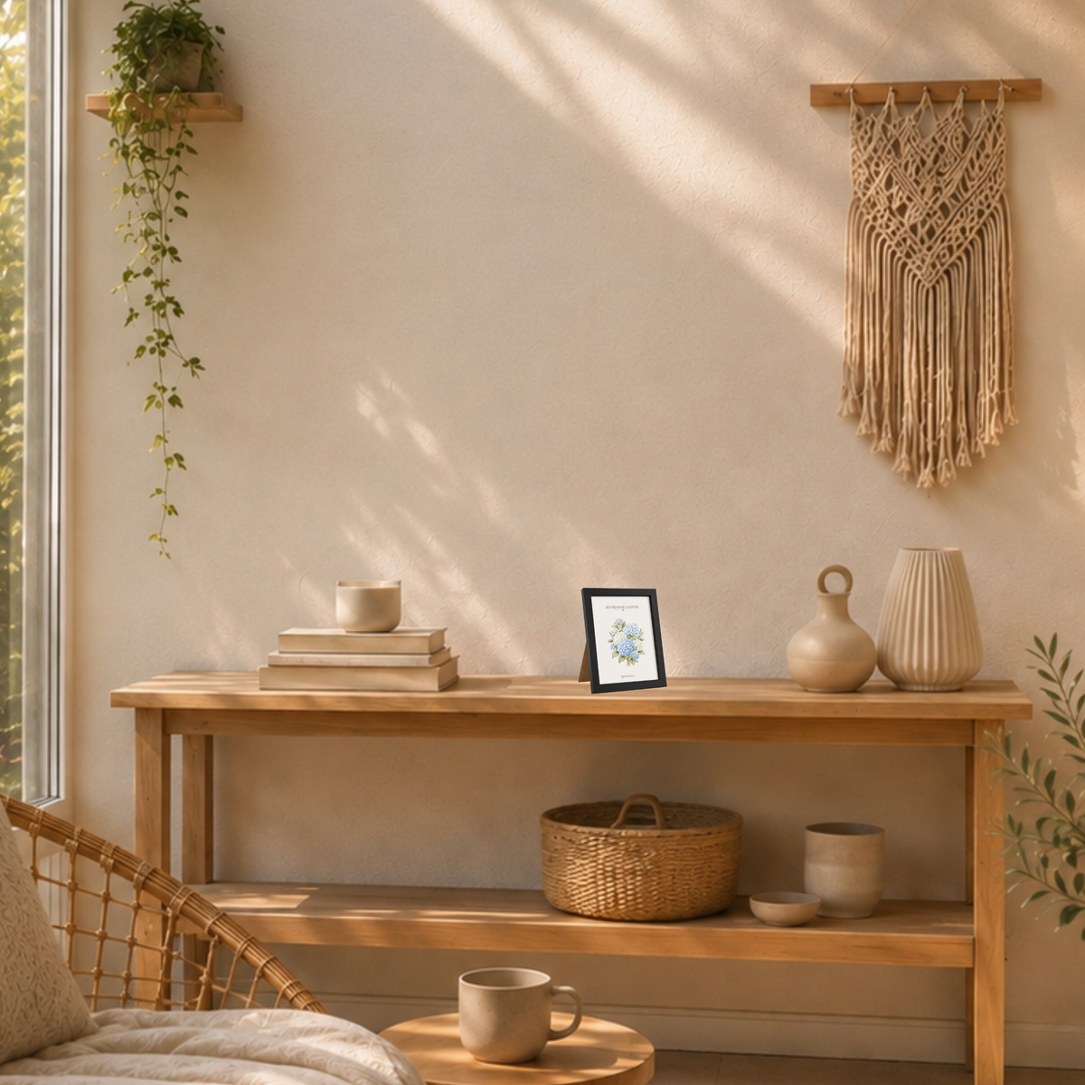 Hydrangea Lover [13 × 18] dans un cadre [noir] posé sur une console en bois  dans une véranda cosy.