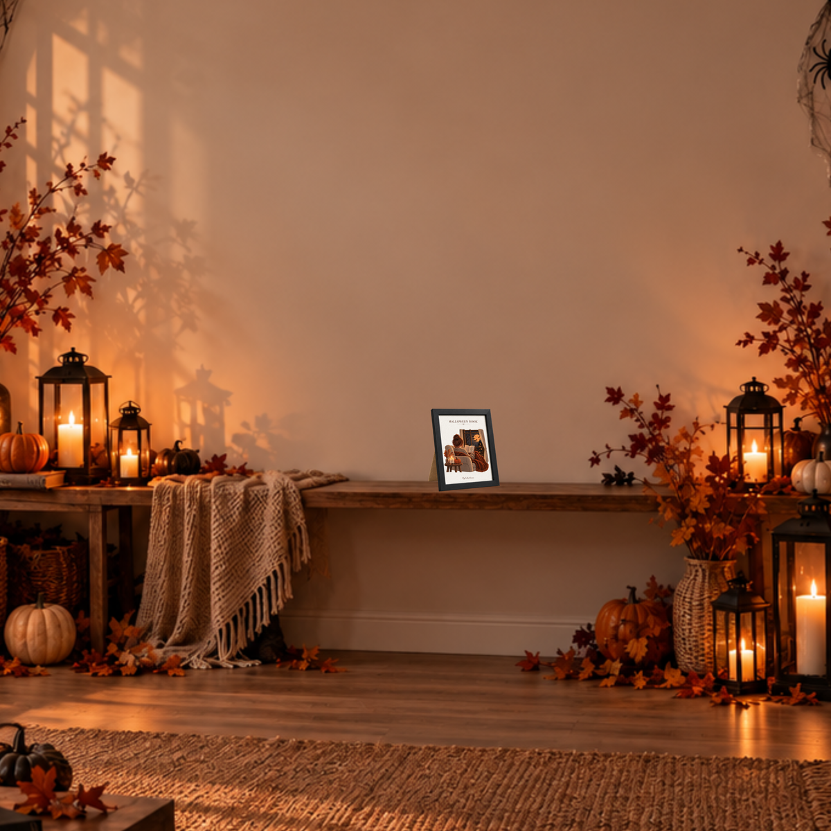 Halloween Book [13 × 18] dans un cadre [noir] posé sur une console dans un décor d’Halloween.
