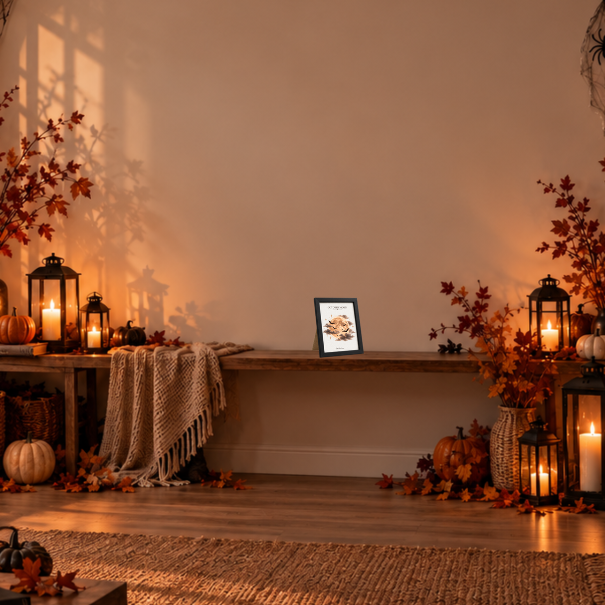 October Moon [13 × 18] dans un cadre [noir] posé sur une console dans un décor d’Halloween.