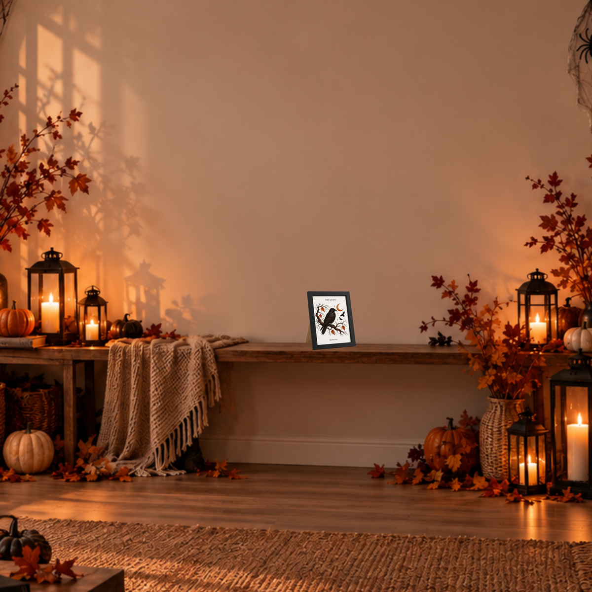 The Raven [13 × 18] dans un cadre [noir] posé sur une console en bois dans un décor d’Halloween éclairé par des lanternes.