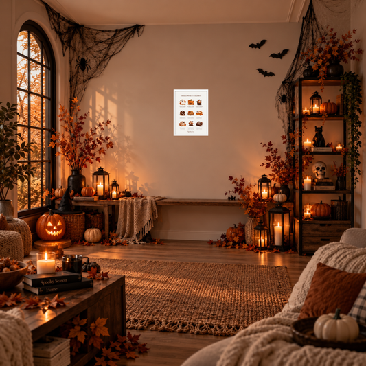 Halloween Bakery [21 × 30] dans un cadre [blanc] accroché au mur dans un salon décoré pour Halloween.