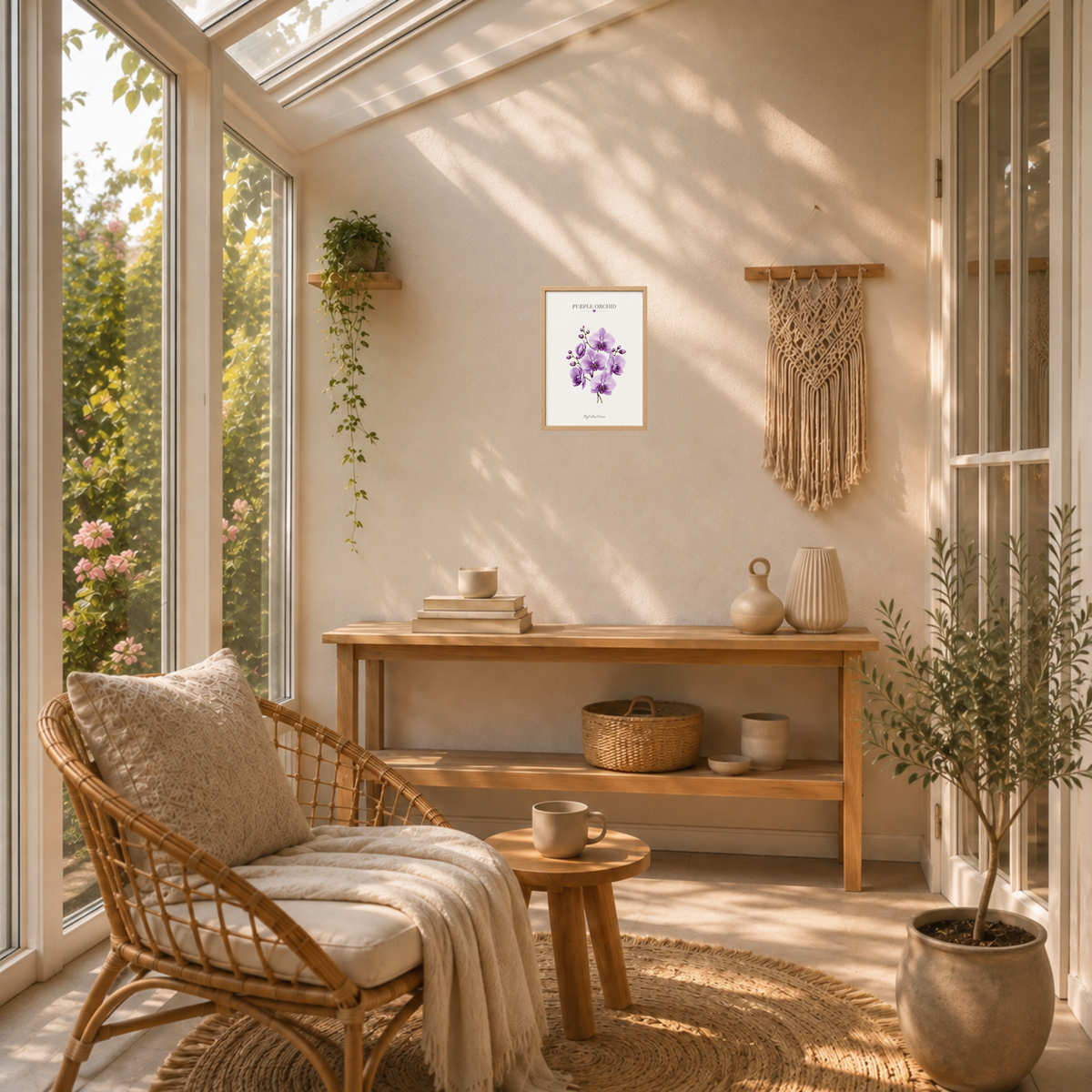 Purple Orchid [21 × 30] dans un cadre [effet chêne] accroché au mur au-dessus d’une console en bois dans une véranda cosy.