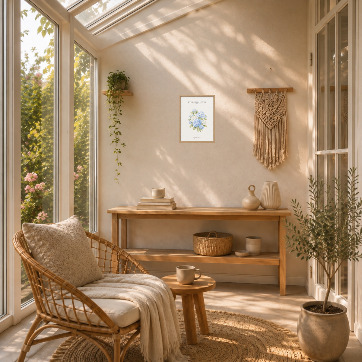 Hydrangea Lover [21 × 30] dans un cadre [effet chêne] accroché au mur au-dessus d’une console en bois dans une véranda cosy.