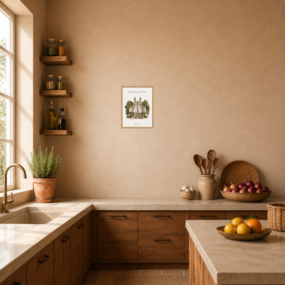 Tableau Braga [21x30] avec cadre [effet chêne] dans une cuisine chaleureuse