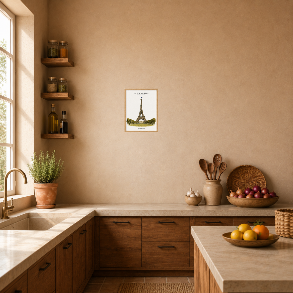 La Tour Eiffel [21 × 30] dans un cadre [effet chêne] accroché au mur au-dessus du plan de travail d’une cuisine.