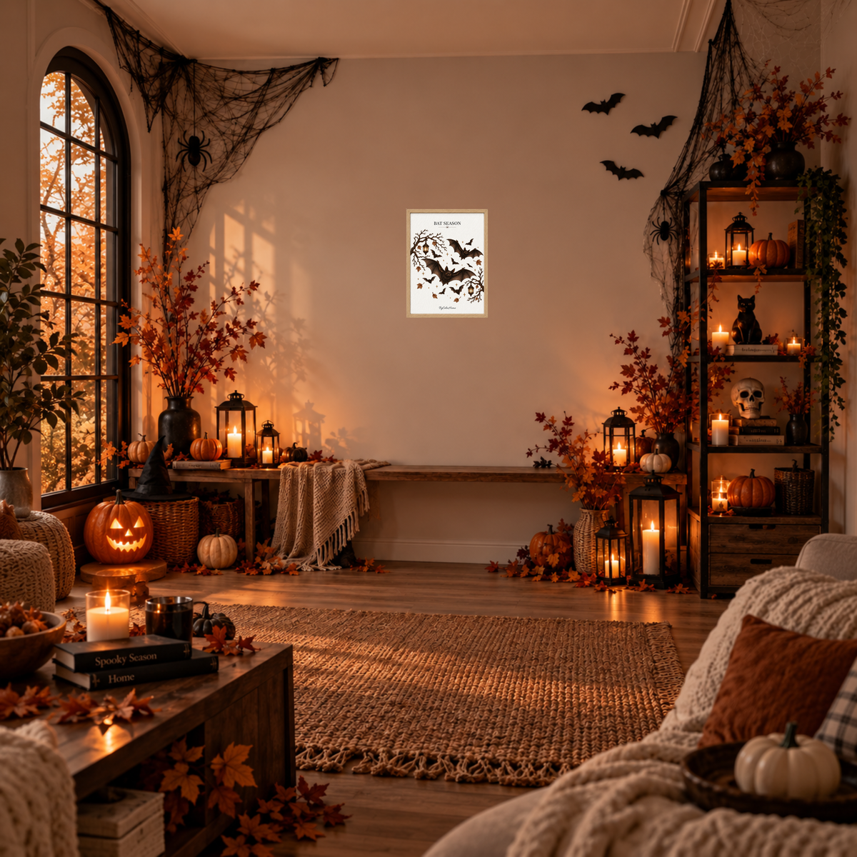 Bat Season [21 × 30] dans un cadre [effet chêne] accroché au mur dans un salon décoré pour Halloween.